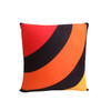 A square cushion featuring bold red, orange, black, and yellow swirls with a smooth texture and a logo.