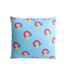 A square cushion featuring a blue background with multicoloured magnet prints and a logo.