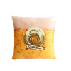 A square cushion featuring a design of a beer mug and foam on a yellow background, with a logo present.