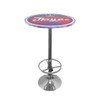 A round blue and red bar table with a chrome base and circular footrest, featuring a logo on the top.