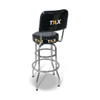 A black bar stool with a backrest and chrome legs, featuring a logo on the seat and back.