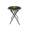 A folding stool with a black padded seat and a grey metallic frame, featuring a logo on the seat.