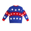 A unisex winter acrylic jacquard sweater in blue with red and white star and dot patterns on the back.