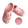 A pair of pink Clog Slides featuring ventilation holes and a textured footbed, with a close-up of the footbed's design.