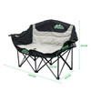 A double foldable portable camping chair in black and grey, featuring a logo and labelled dimensions for reference.