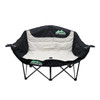 A foldable portable camping chair in black and grey, featuring a logo on the backrest and a sturdy frame.
