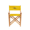 A director's chair with a yellow fabric seat and backrest, featuring a logo, and wooden frame.