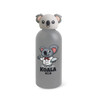 A drink bottle in grey featuring a koala head lid and a cartoon koala design with a chef outfit.