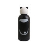 A drink bottle with a black body and a panda head lid, featuring a simple facial design and a logo on the front.