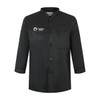 A black, classic 3/4 sleeve, single-breasted chef jacket with a front pocket and a logo on the chest.