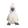 A white and yellow plush cockatoo toy with a grey beak and feet, featuring a logo on its chest.