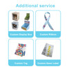 A selection of custom packaging options, including display boxes, ribbons, tags, and sewn labels in various colours.