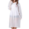A lightweight, white reusable raincoat with a hood, featuring buttons and a logo. Ideal for wet weather.