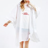 A white reusable PEVA rain poncho with a hood, featuring a logo on the front, designed for adults.