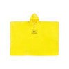 A yellow PEVA rain poncho with a hood, featuring a logo at the centre. Suitable for outdoor use.