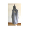 A grey reusable PEVA raincoat with a hood and a logo on the back. Suitable for adults, featuring a long design.
