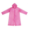 A pink reusable PEVA raincoat with a hood and buttons, designed for adults. It features a logo on the chest area.