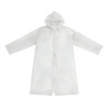 A transparent white raincoat featuring a hood and button closure, made from PEVA material. It has a logo.
