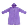 A purple reusable PEVA raincoat with a hood, featuring a button front and long sleeves. It has a logo on it.