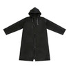 A black reusable PEVA raincoat with a hood, featuring long sleeves and a front closure, includes branding.