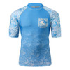 A light blue short-sleeved rashie with a wave pattern and a logo on the front.