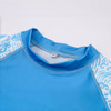 A blue rashie featuring short sleeves, with decorative patterns along the shoulders and a crew neck design.