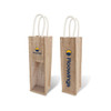 A jute wine carrier in natural colour featuring a clear window and two handles, with a logo on one side.
