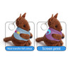 A brown plush kangaroo toy with a keychain, featuring blue and purple pouches, displaying different prints.