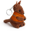A brown plush kangaroo toy with an orange vest, featuring a keychain attachment.