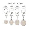 A set of metal keyrings featuring coin-sized discs in four different diameters, each with a silver finish.