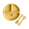 A yellow silicone kids suction plate with three sections, accompanied by a spoon and fork, featuring a logo.