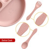 A pastel pink silicone kids suction plate with a fork and spoon, featuring a logo.