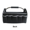 A black tool carrier bag with multiple pockets and a metal handle. The back view displays its organisational features.