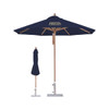 A navy blue outdoor umbrella with a wooden pole and a matching storage cover, featuring a logo.