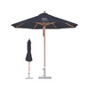 A wind-resistant octagon outdoor umbrella in black with a wooden pole, alongside a folded umbrella in a matching colour.