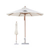 A white outdoor umbrella with a wooden pole and base, featuring a logo. A folded umbrella stands beside it.