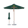 A green octagon outdoor umbrella with a wooden frame and a stone base, featuring a logo on the canopy.