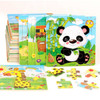 A collection of colourful wooden jigsaw puzzles featuring animals like a panda and giraffe, with various pieces displayed.