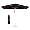 A 3x3m wind-resistant square outdoor umbrella in black, with a wooden pole and a base, featuring a logo.