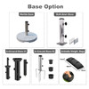 A collection of umbrella base options including a marble base, bolt-down base, in-ground bases, and weight bags.