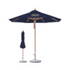 A navy blue wind-resistant octagon outdoor umbrella with a wooden frame and a base. It includes a folded umbrella.