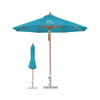 A wind-resistant octagon outdoor umbrella in vibrant teal with a wooden pole and a matching cover.