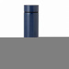 A drink bottle in a sleek navy blue design, featuring a simple, modern shape and a cap. It has a branding logo.