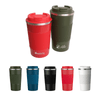 Two stainless steel travel coffee mugs in red and olive green, with ribbed grips and lids. Additional mugs in various colours displayed below.
