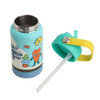 A drink bottle made of stainless steel, featuring a colourful design and a removable teal lid with a straw.