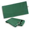 A green waffle golf towel with a clip for easy storage. The towel is presented unfolded and folded.