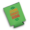 A bright green reversible stubby cooler featuring a festive design with leaves. It has a logo or branding detail.