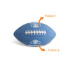 A blue American football with textured surface and white laces. It features a logo but the details are not specified.