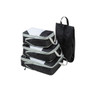 Three black packing cubes with grey accents and a black pouch, featuring handles for easy carrying.