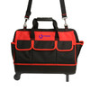 A wheeled tool bag in black and red with multiple external pockets and a logo on the front.